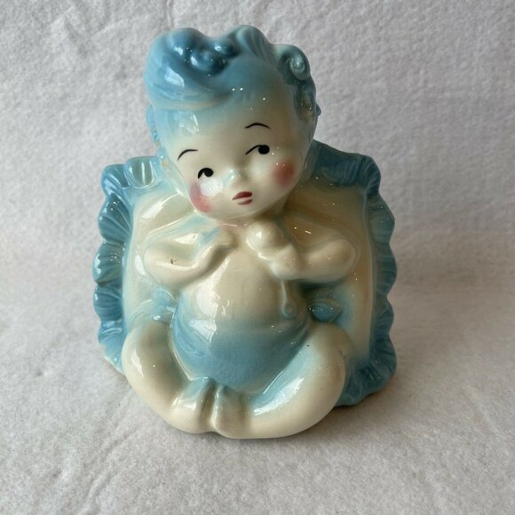 Vintage Hull Pottery Blue Baby Boy Nursery Planter USA Glossy Ceramic Vase FLAW - Picture 1 of 12